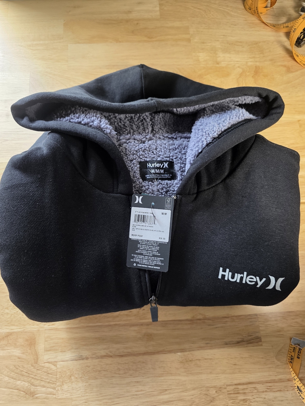 NWT Men's Hurley Black Hoodie with Gray Sherpa Lining
